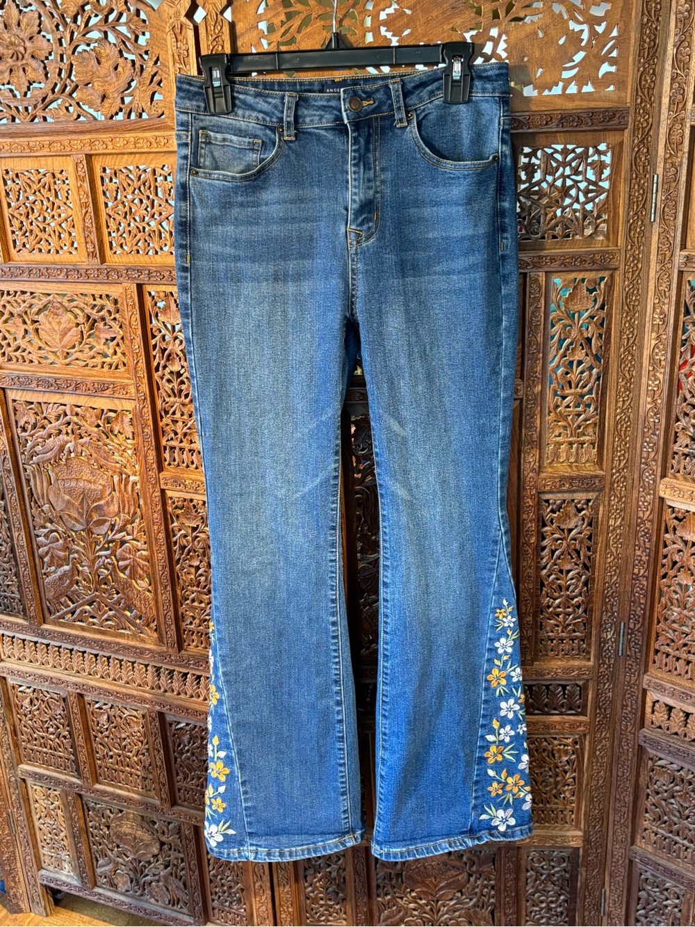 Angel Kiss Blue Flare Jeans with Orange and Pink Floral Embroidery